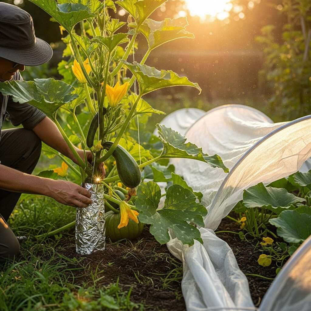 Gardener applying stem collar to protect zucchini from squash vine borers — fighting squash vine borers with proven physical barriers and early prevention in a productive garden.