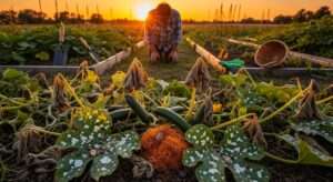 Devastated squash plants ruined by pests — when squash pests make you quit capturing the frustration of crop loss and the turning point toward better pest management or alternatives.