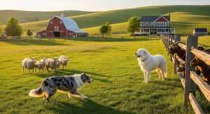 Australian Shepherd herding sheep and Great Pyrenees guarding goats on a beautiful homestead farm at sunset – ideal farm dogs for herding and livestock protection