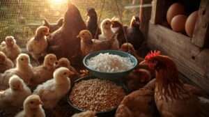 Mixed-age chicken flock thriving on all-flock feed with free-choice calcium — feeding mixed-age chicken flocks made simple and healthy.