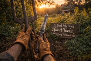 Hand-forged tools in a thriving US permaculture system with the sign “10 Best Buy Once Hand Tools for Lifelong Permaculture” – featured image for “10 Best Buy Once Hand Tools for US Permaculture Systems in 2026” guide.