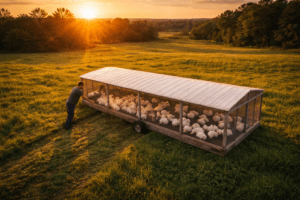 Mobile chicken tractor moving Cornish Cross broilers across fresh pasture — Cornish Cross on pasture with daily rotation for healthy growth, better flavor, and sustainable meat production.