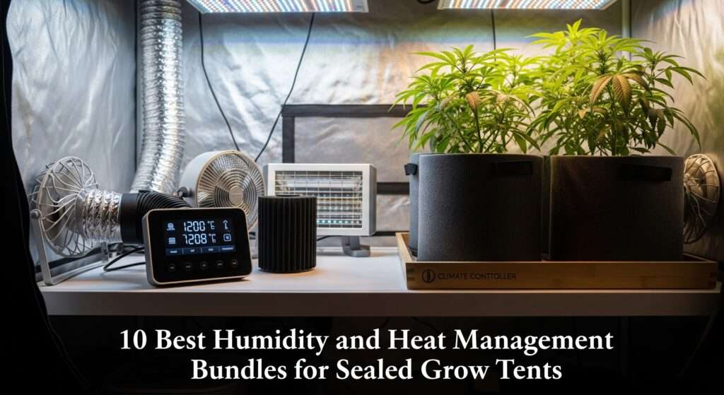 10 Best Humidity and Heat Management Bundles for Sealed Grow Tents – Smart climate controller, heater, fan, and ducting setup inside a modern sealed grow tent, top 2026 picks for perfect VPD and odor control