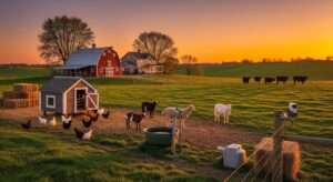 Serene homestead farm at sunset with unattended livestock grazing – chickens goats sheep cows left alone safely on pasture