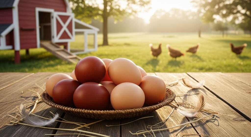 Fresh brown chicken eggs showing color fade variation from deep chocolate to pale tan in a basket – why egg colors fade over time in the same hen