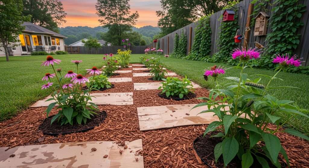 Gradual turning lawn into garden with native plugs and sheet mulching strips – pollinator-friendly yard transformation at golden hour