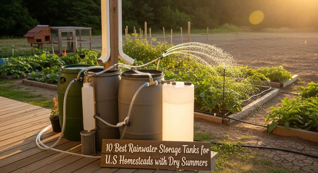 10 Best Rainwater Storage Tanks for US Homesteads with Dry Summers – Collection of rain barrels and vertical tanks harvesting water in a sunny backyard garden, top 2026 picks for drought-proof homesteading