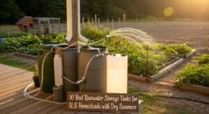 10 Best Rainwater Storage Tanks for US Homesteads with Dry Summers – Collection of rain barrels and vertical tanks harvesting water in a sunny backyard garden, top 2026 picks for drought-proof homesteading