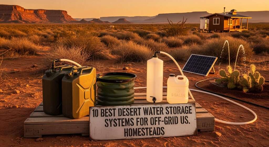 10 Best Desert Water Storage Systems for Off-Grid US Homesteads – Rugged water tanks, jerry cans, and bladders set up in a sunny desert homestead for drought-proof living, top 2026 picks for extreme off-grid water security