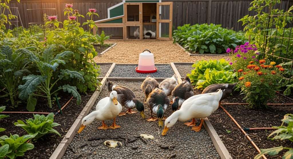 Indian Runner ducks patrolling garden at dusk as living slug control – natural organic pest management in vegetable beds
