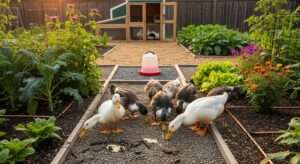 Indian Runner ducks patrolling garden at dusk as living slug control – natural organic pest management in vegetable beds