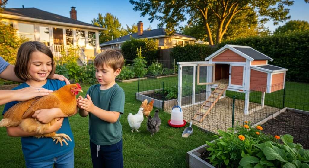 Child gently holding backyard chicken as family pet – teaching kids safe handling and flock care in the garden