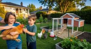 Child gently holding backyard chicken as family pet – teaching kids safe handling and flock care in the garden