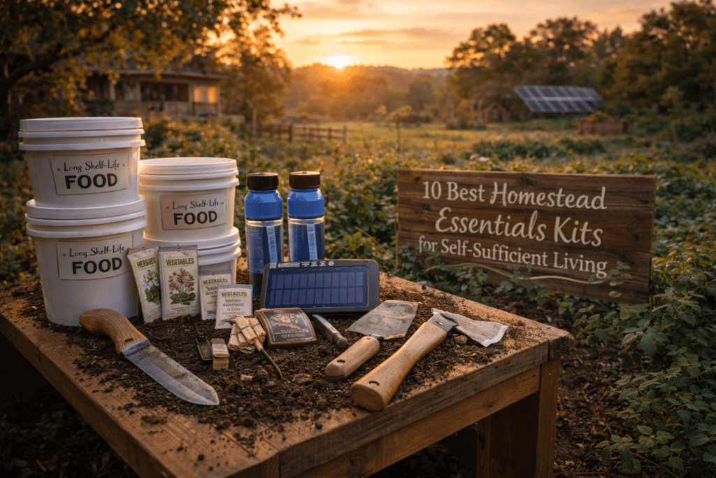 Organized homestead essentials kit on a beautiful US homestead with the sign “10 Best Homestead Essentials Kits for Self-Sufficient Living” – featured image for “10 Best Homestead Essentials Kits of 2026” guide.