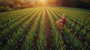 Thriving garlic and onion rows in a tough climate garden — growing garlic and onions with heat-tolerant varieties and perfect day-length matching for jumbo bulbs.
