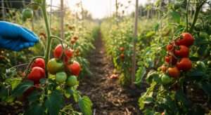 Hand pruning tomato suckers on indeterminate vine next to unpruned determinate plant – maximizing yield without killing fruit