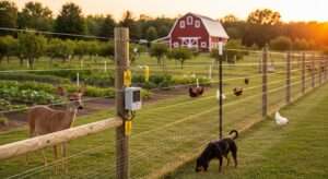 High-tensile and woven wire perimeter fences for homesteads keeping deer and dogs out – secure boundary design at sunset