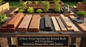 10 Best Wood Options for Raised Beds in US Gardens Worried About Rot and Safety – Premium cedar, redwood, black locust, and other rot-resistant woods displayed on a garden table for safe vegetable growing, top 2026 picks for durable raised bed construction