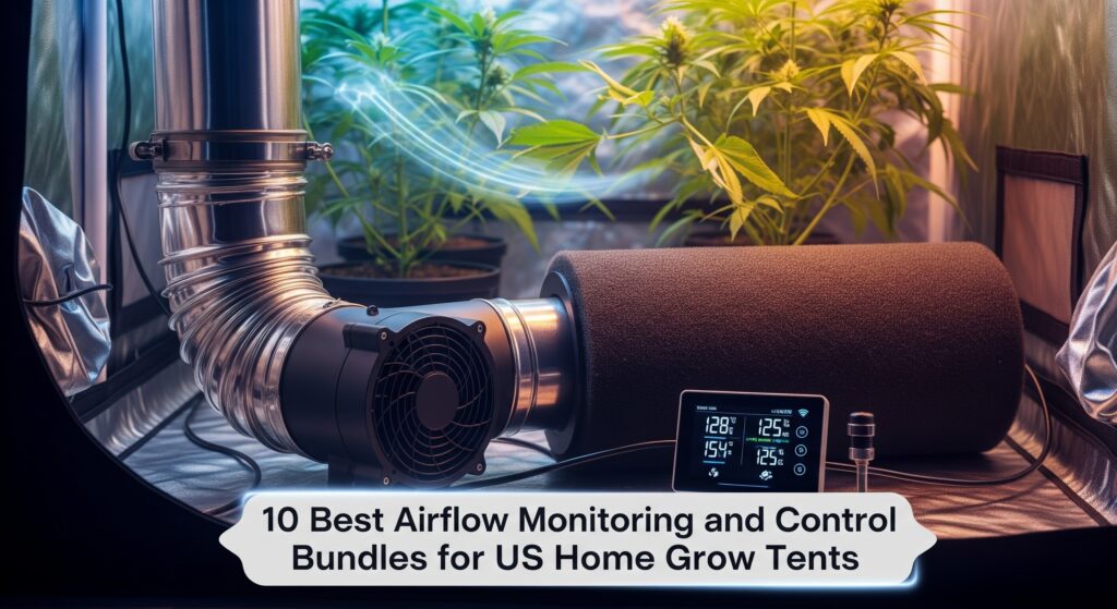 10 Best Airflow Monitoring and Control Bundles for US Home Grow Tents – Smart inline fan, carbon filter, ducting, and WiFi controller setup inside a modern grow tent with healthy plants, top 2026 picks for precise ventilation and climate management