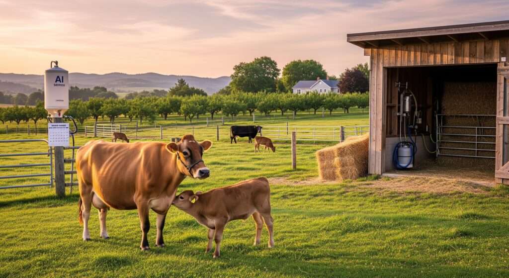Family cow with newborn dairy-beef cross calf on homestead pasture – managing breeding with AI, bulls, and easier keepers