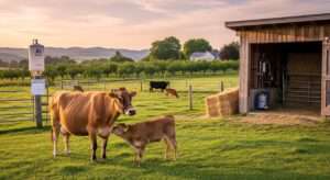 Family cow with newborn dairy-beef cross calf on homestead pasture – managing breeding with AI, bulls, and easier keepers