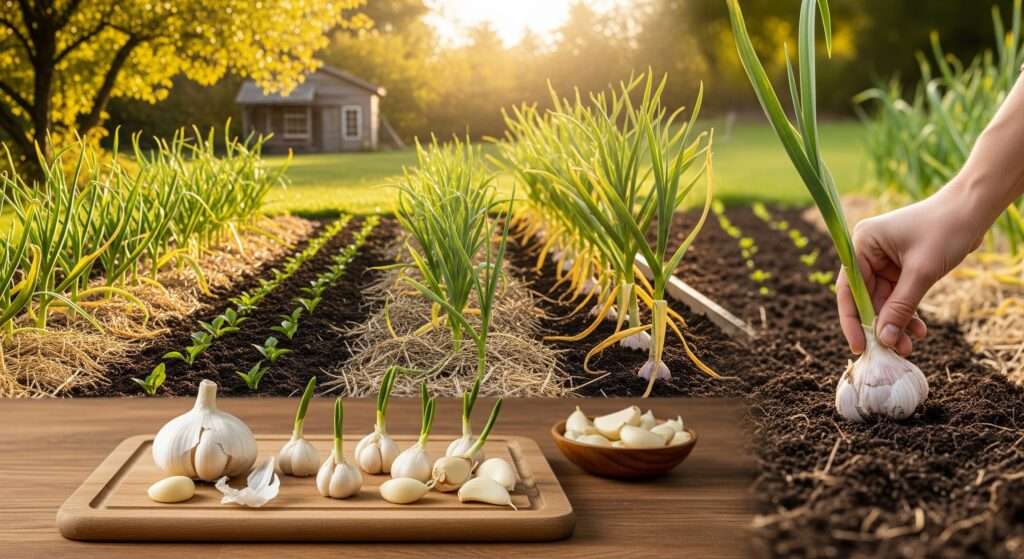 Planting and harvesting garlic – sprouted kitchen cloves in soil, fall vs spring beds, and ripe bulbs ready to harvest