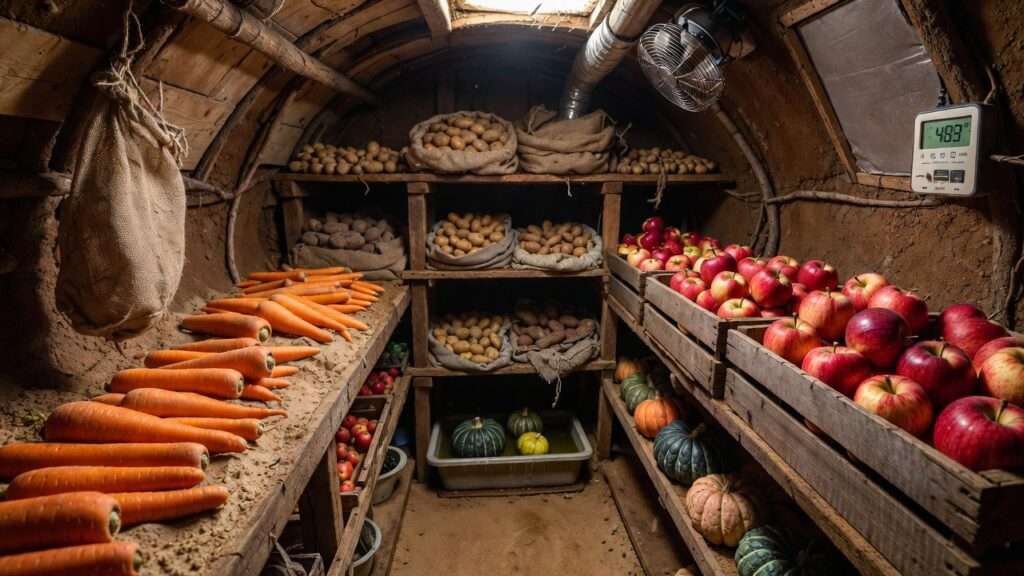 Monitoring and tuning a root cellar – stable 40–60°F storage with potatoes, carrots, apples, and humidity tools