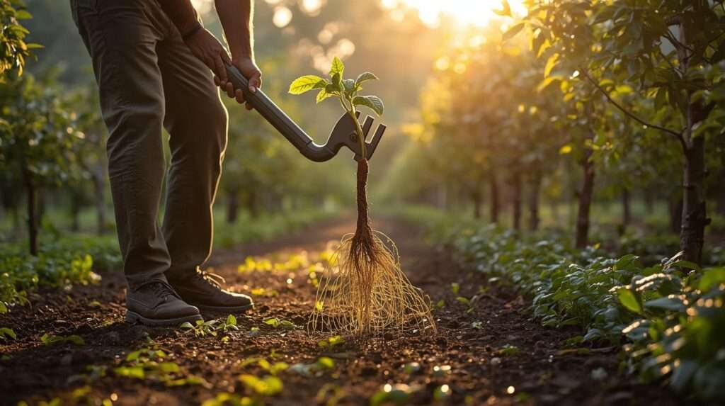 Gardener effortlessly removing deep-rooted weed with the best cobra-style weeder in a thriving US food forest at golden hour – featured image for “10 Best Cobra-Style Weeders and Long-Handle Weed Tools for US Food Forests in 2025