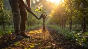Gardener effortlessly removing deep-rooted weed with the best cobra-style weeder in a thriving US food forest at golden hour – featured image for “10 Best Cobra-Style Weeders and Long-Handle Weed Tools for US Food Forests in 2025