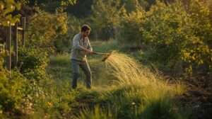 Gardener using the best chop-and-drop tool (Austrian scythe) to create instant mulch in a thriving US food forest at golden hour – featured image for “10 Best Chop-and-Drop Tools of 2025” guide