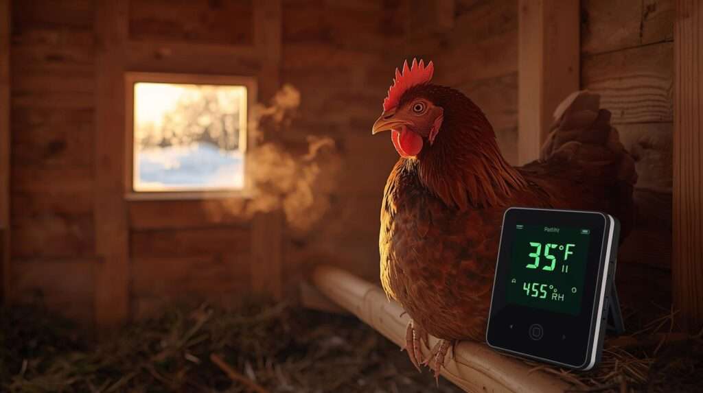 Inside a warm chicken coop during a snowy US winter, showing the best coop humidity and temperature monitoring kit keeping conditions safe and comfortable – featured image for “10 Best Coop Humidity and Temperature Monitoring Kits for US Winters in 2026