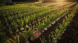 Thriving rows of garlic and onions in a tough climate garden — growing garlic and onions with heat-tolerant varieties and perfect day-length matching for massive, healthy bulbs.