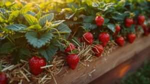 Abundant strawberries thriving in a deep raised bed — strawberries in raised beds with ideal depth, spacing, and runner control for maximum clean, high-yield harvest.