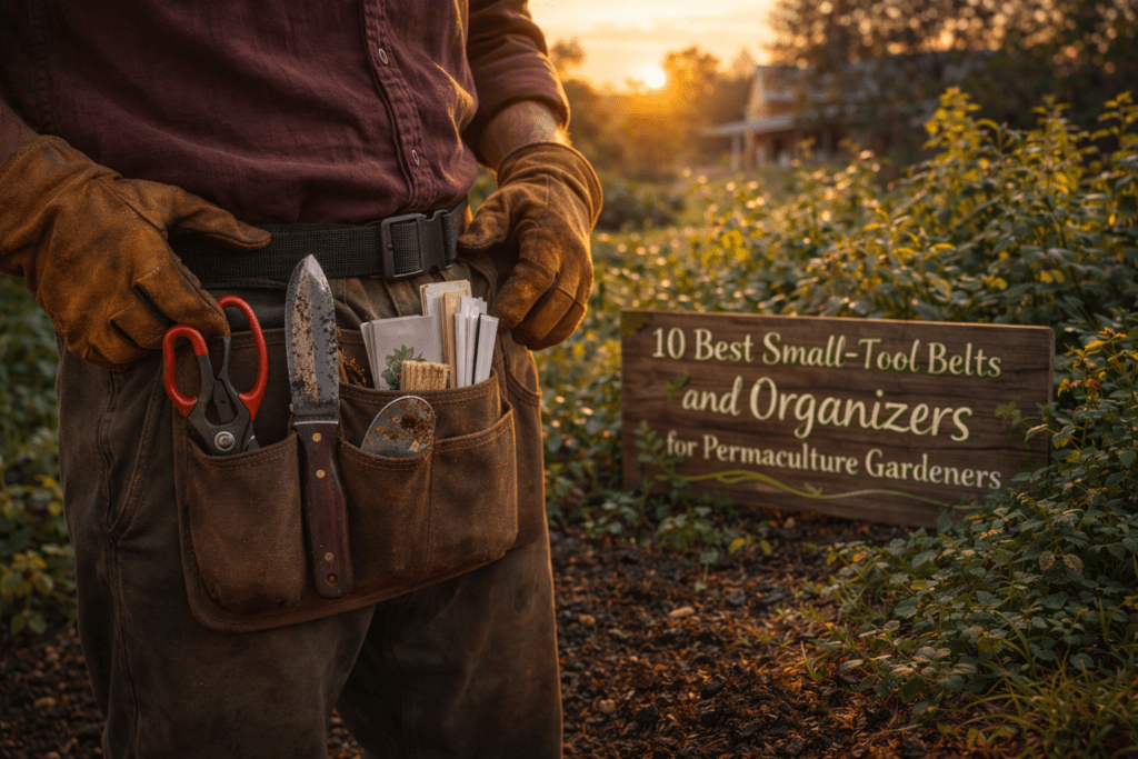 Gardener organizing tools in a thriving US permaculture system with the sign “10 Best Small-Tool Belts and Organizers for Permaculture Gardeners” – featured image for “10 Best Small-Tool Belts and Organizers for Permaculture Gardeners in 2026” guide.