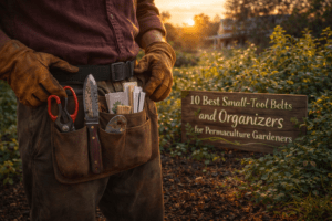 Gardener organizing tools in a thriving US permaculture system with the sign “10 Best Small-Tool Belts and Organizers for Permaculture Gardeners” – featured image for “10 Best Small-Tool Belts and Organizers for Permaculture Gardeners in 2026” guide.