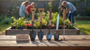 10 Best Shared Tool Sets for US Community Permaculture Projects and Gardens – Ergonomic trowels, weeders, hoes, cultivators, and hori hori knives arranged on a garden workbench with a thriving community bed in background, top picks for collaborative, durable gardening tools