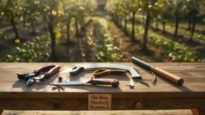 10 Best Compact Chopping and Pruning Tool Sets for US Food Forests Under One Acre – Felco pruners, Corona saws, Fiskars loppers, Silky pole saw, and Okatsune hori hori arranged on a workbench with a thriving small food forest in background, top picks for lightweight, efficient pruning and chopping in limited spaces