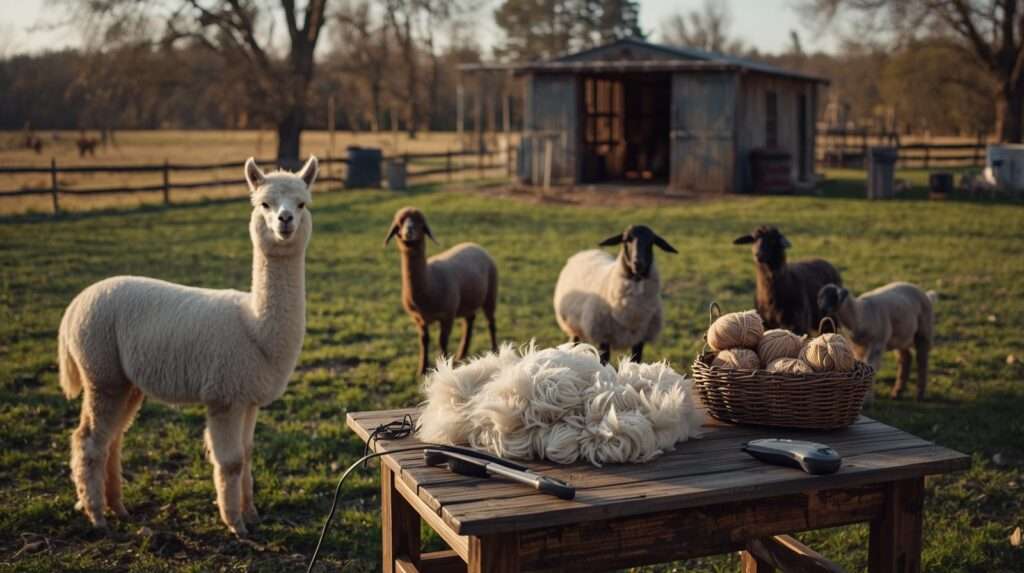 Adding fiber animals – alpaca, goat, and sheep grazing with fleece harvest and shearing tools on homestead pasture