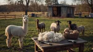 Adding fiber animals – alpaca, goat, and sheep grazing with fleece harvest and shearing tools on homestead pasture
