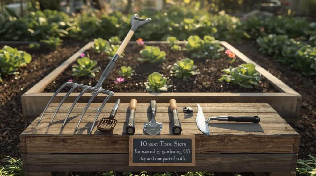 10 Best Tool Sets for No-Dig Gardening on US Clay and Compacted Soils – Broadfork, CobraHead weeder, stirrup hoe, and ergonomic tools displayed on a garden bench with thriving no-dig raised bed in background, top 2026 picks for easy, soil-friendly gardening