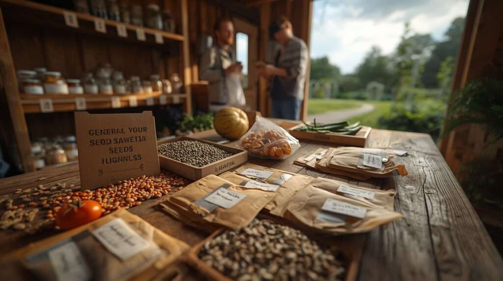 Local seed swaps all year – monthly trade table with labeled packets and region-adapted seeds in community garden shed