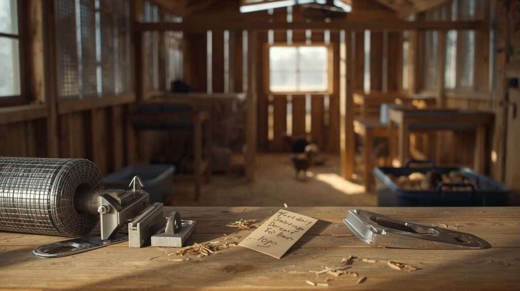 10 Best Barn-to-Coop Conversion Hardware for Wintering Chickens in US Barns – Predator-proof latches, hardware cloth, vents, roosting bars, and nesting boxes arranged on a barn workbench with a converted coop interior in background, top picks for safe winter chicken housing