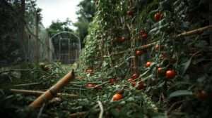 Climbing plants outgrow their trellis – collapsed bamboo support vs stronger cattle panel for pole beans, peas, and tomatoes