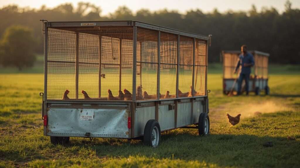 Chicken tractors on pasture – predator-resistant design with no-dig skirt and electric netting for safe pastured poultry