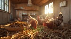 Helping chickens through a hard molt – healthy hens eating high-protein feed in a draft-free, cozy coop