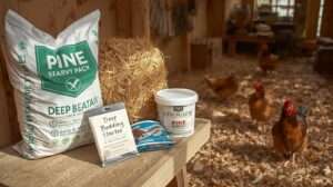 10 Best Deep Bedding Starter Packs for US Barns and Indoor Coops – Pine shavings, straw, hemp bedding, pine pellets, and compost starter arranged on a garden workbench with a clean, dry deep litter coop in background, top picks for easy winter bedding setup and moisture control