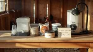 10 Best Winter Chicken Care Bundles for New US Backyard Flock Owners – Heated waterer, electrolytes, heat lamp, nesting pads, and dust bath mix arranged on a coop workbench with a warm, dry coop interior and healthy chickens in background, top picks for safe winter flock care