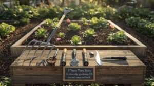 10 Best Tool Sets for No-Dig Gardening on US Clay and Compacted Soils – Broadfork, CobraHead weeder, stirrup hoe, and ergonomic tools displayed on a garden bench with thriving no-dig raised bed in background, top 2026 picks for easy, soil-friendly gardening