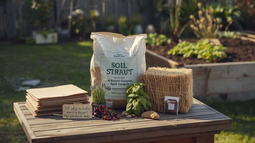 10 Best Soil-Building Kits for US Perennial Beds – Cardboard, manure, straw, worm castings and mycorrhizae arranged on a garden table with a thriving perennial bed in background, top picks for fast, no-dig soil improvement