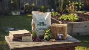 10 Best Soil-Building Kits for US Perennial Beds – Cardboard, manure, straw, worm castings and mycorrhizae arranged on a garden table with a thriving perennial bed in background, top picks for fast, no-dig soil improvement